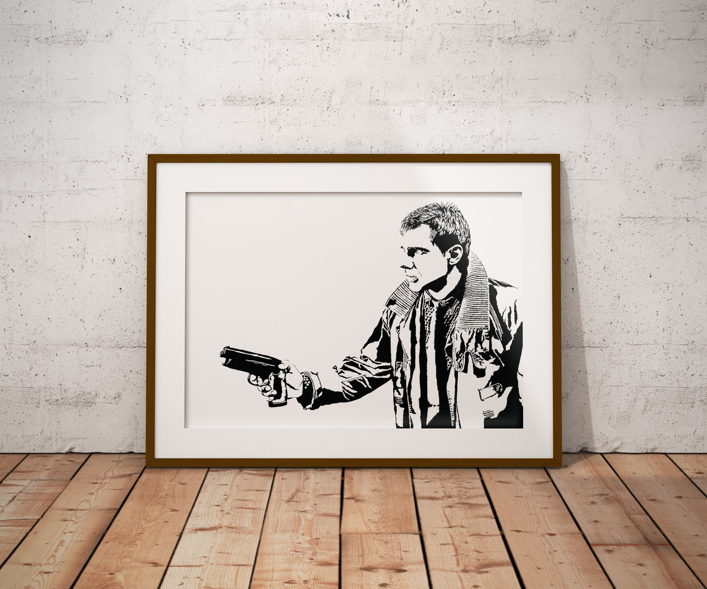 digital illustration of rick deckard from the film blade runner played by harrison ford wearing a brown jacket and holding a pistol, black and white illustration, framed art print