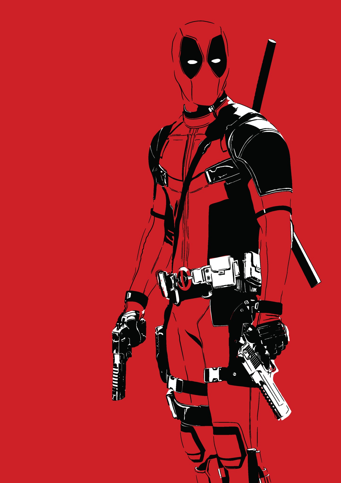 digital lineart illustration of deadpool film version with red background
