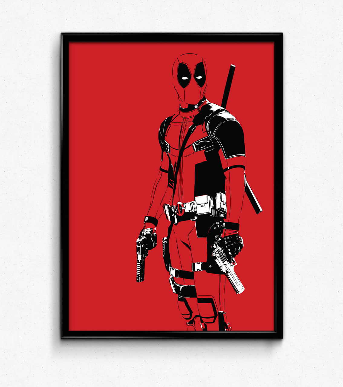 digital lineart illustration of deadpool film version with red background framed print