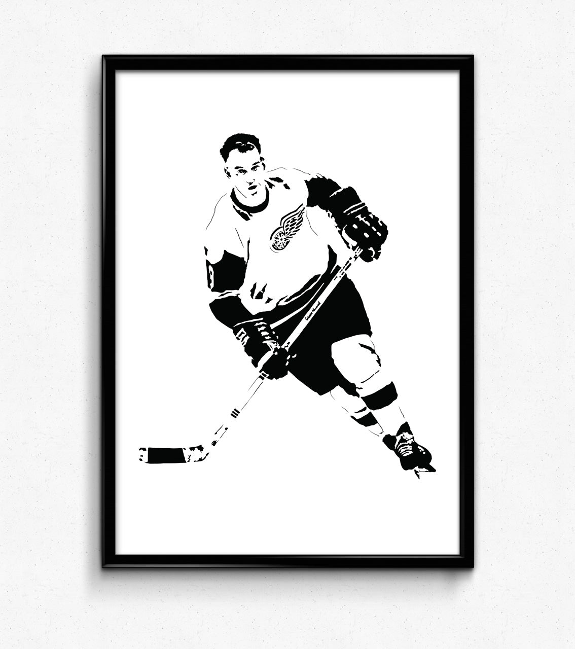 minimalist digital illustration of gordie howe of the detroit red wings hockey team skating holding a hockey stick without a helmet, framed art print