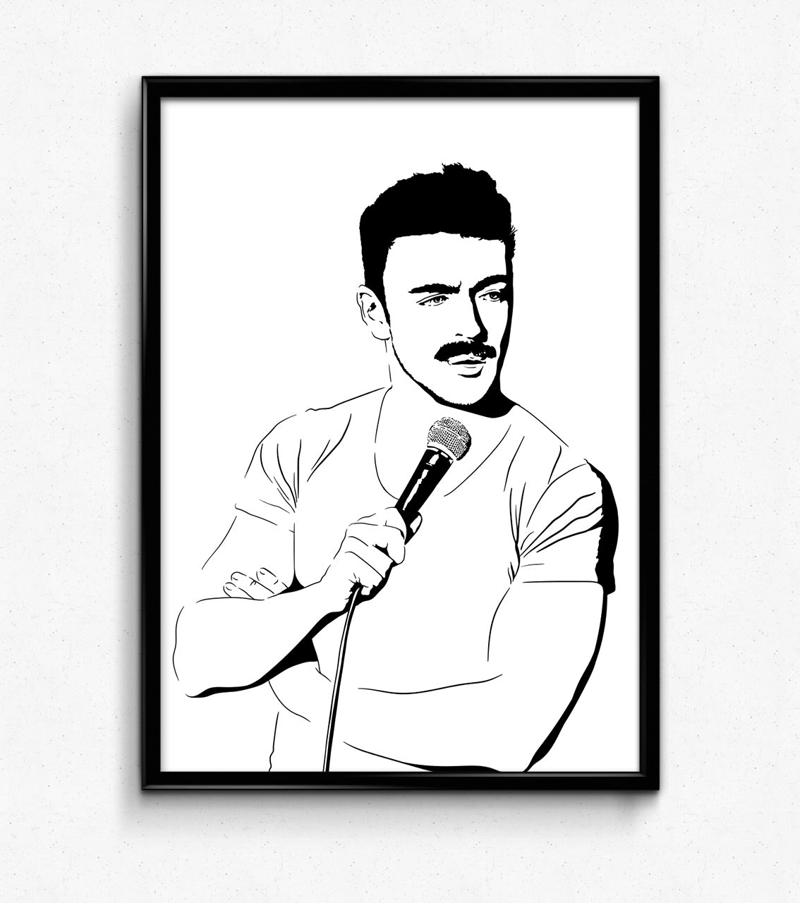 digital minimalist stencil illustration of chicago stand up comedian matteo lane holding a microphone in a tight white tshirt, framed art print
