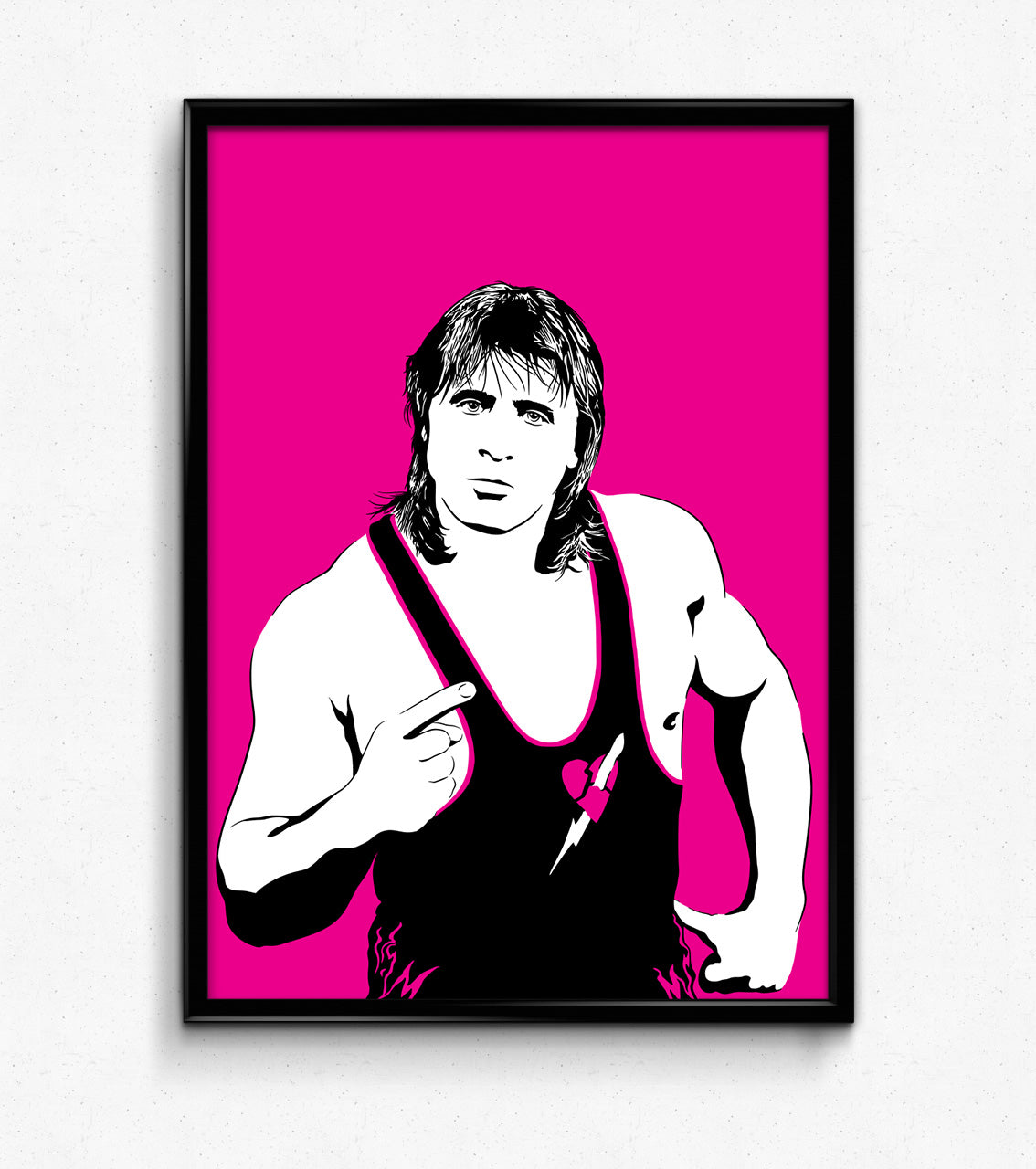 digital minimalist stencil illustration of professional wrestler owen hart, framed art print