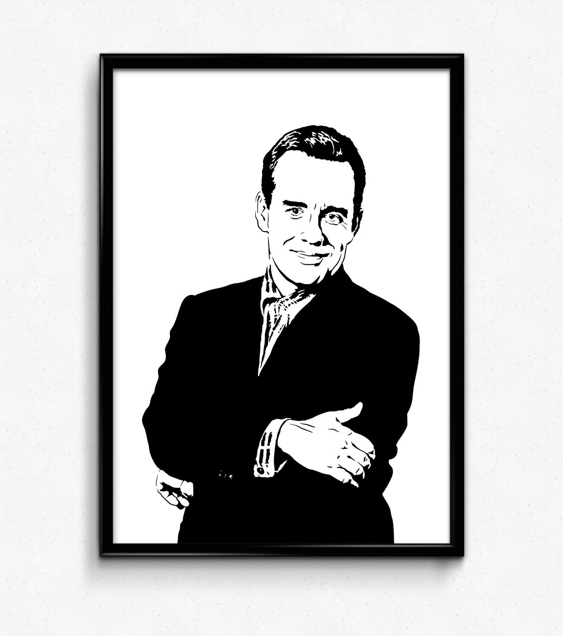 digital minimalist stencil illustration of comedy legend phil hartman of SNL fame standing in portrait with arms crossed, framed art print