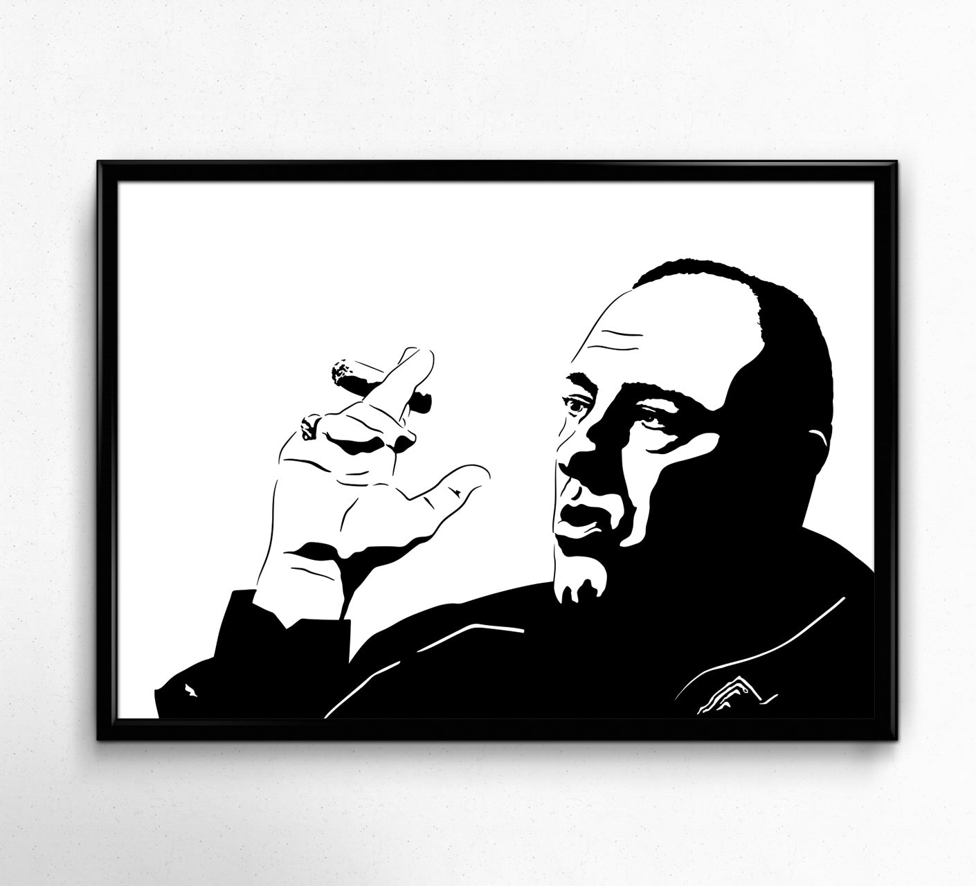 black and white digital illustration portrait of tony soprano from the sopranos smoking a cigar framed print