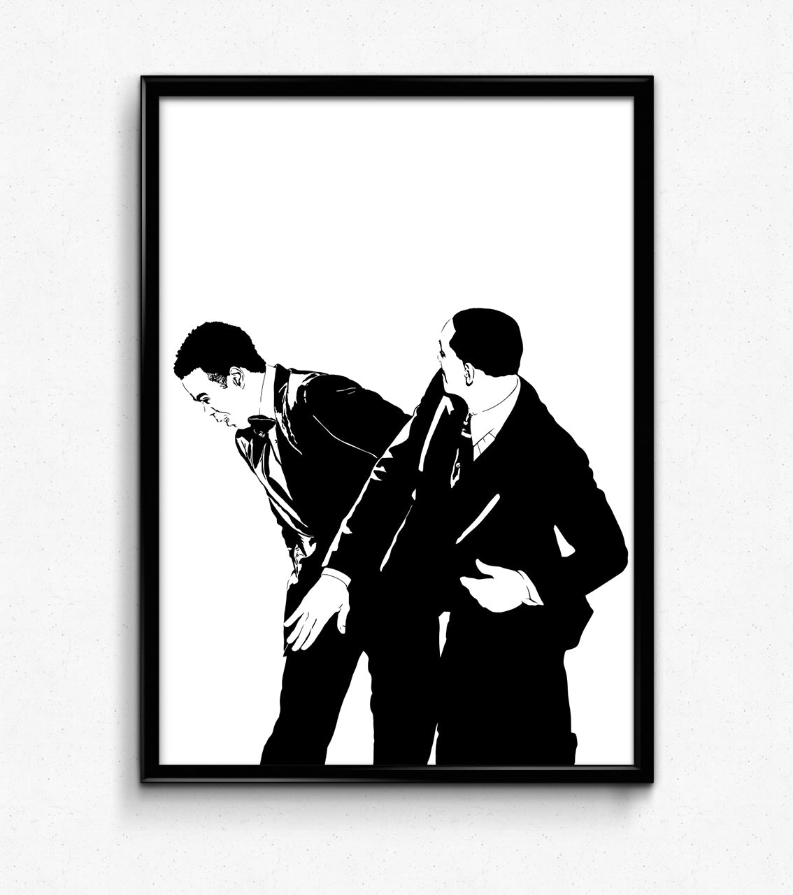 digital minimalist stencil illustration of will smith slapping chris rock at the oscars, framed art print