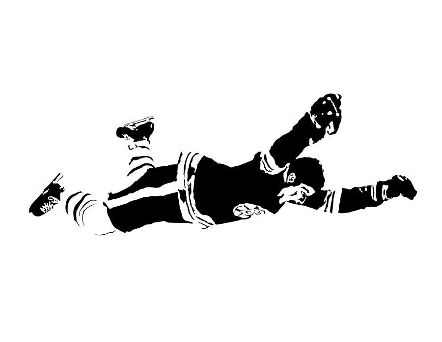 digital illustration of bobby orr of the boston bruins diving through the air after scoring the winning goal in the stanley cup playoffs, black and white artwork