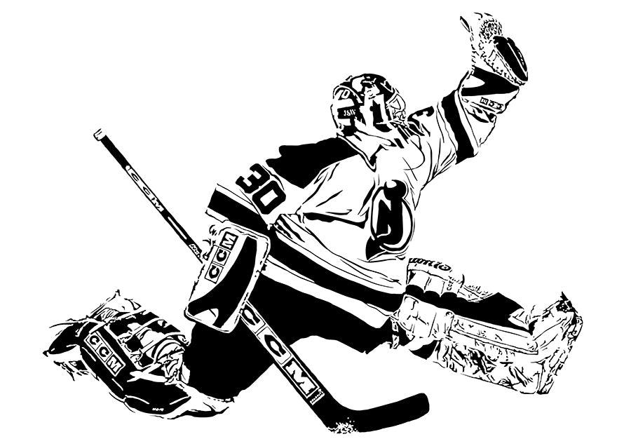 minimalist digital illustration of new jerseys goalie martin brodeur making a glove save , illustration is black and white