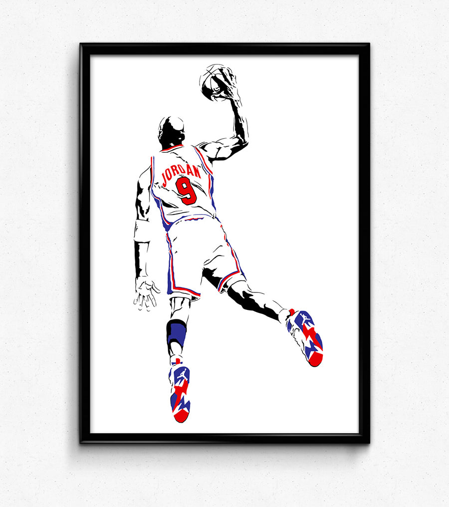digital minimalist stencil illustration of basketball legend michael jordan playing for the united states olympic team aka the dream team, framed art print
