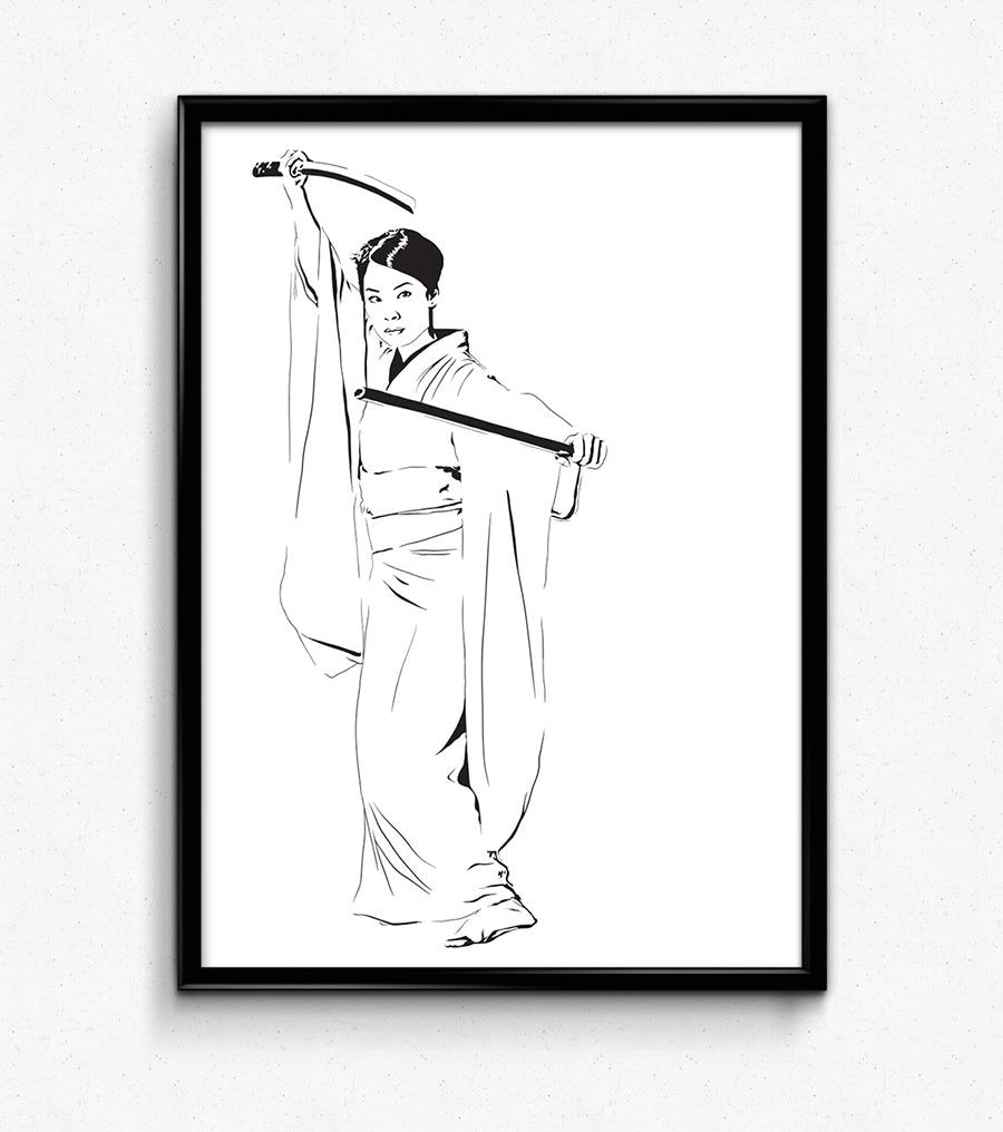 digital minimalist stencil illustration of lucy liu as o-ren ishii from kill bill holding two swords in a kimono, framed art print