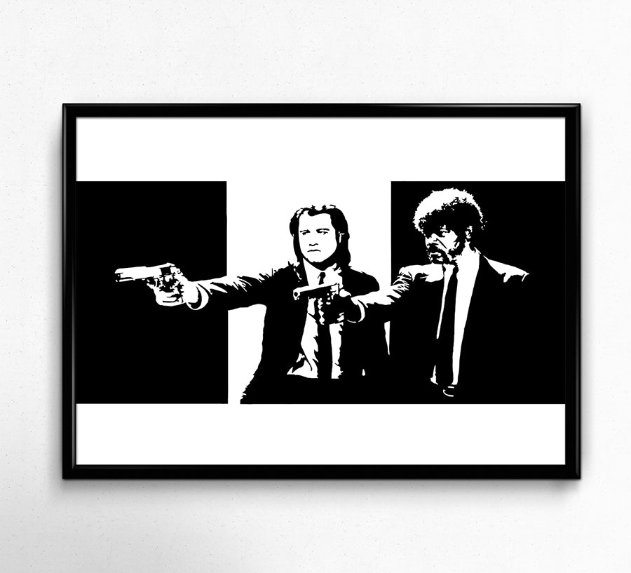 black and white digital illustration of jules and vincent from pulp fiction pointing pistols in a shootout scene framed poster