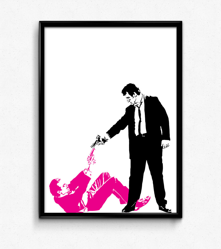 digital illustration of mr white aiming a gun at mr pink from reservoir dogs, mr white in black and white and mr pink colored entirely pink framed print