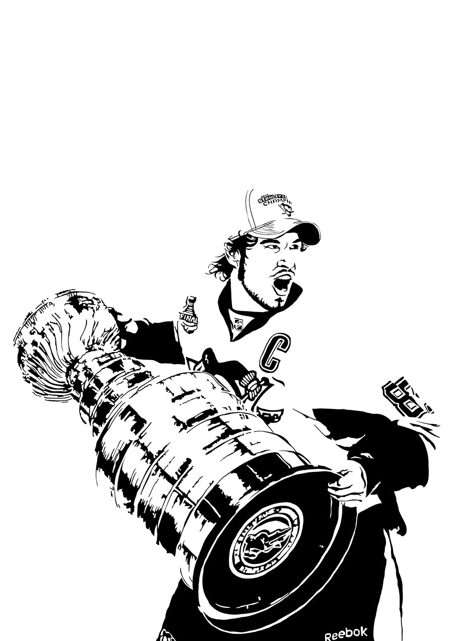 minimalist digital illustration of pittsburgh penguins captain sidney crosby holding the stanley cup while wearing his penguins jersey and a baseball cap, lineart is black with a white background