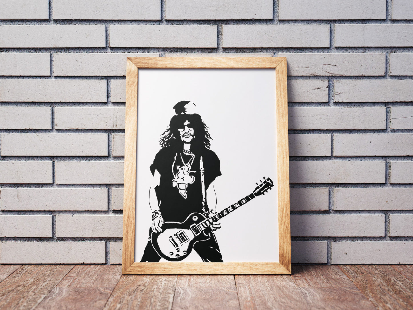 black and white digital illustration of slash from guns n' roses playing guitar framed print