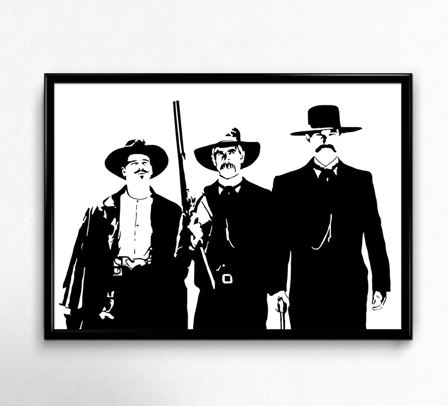 digital minimalist stencil illustration of val kilmer as doc holliday, sam elliott as virgil earp, and kurt russell as wyatt earp from the film Tombstone, framed art print
