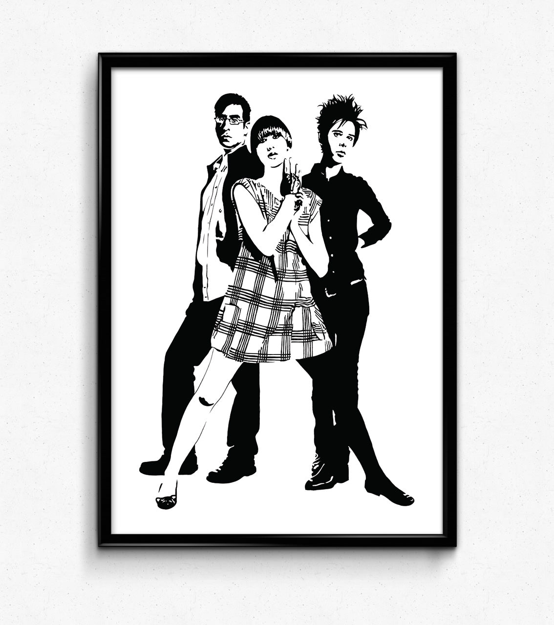 black and white digital illustration of the yeah yeah yeahs band members framed poster
