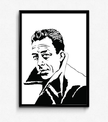 black and white digital illustration of albert camus philosopher and author with trench coat collar raised smoking a cigarette framed poster