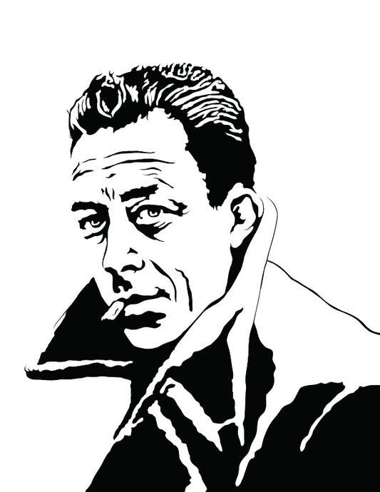 black and white digital illustration of albert camus philosopher and author with trench coat collar raised smoking a cigarette