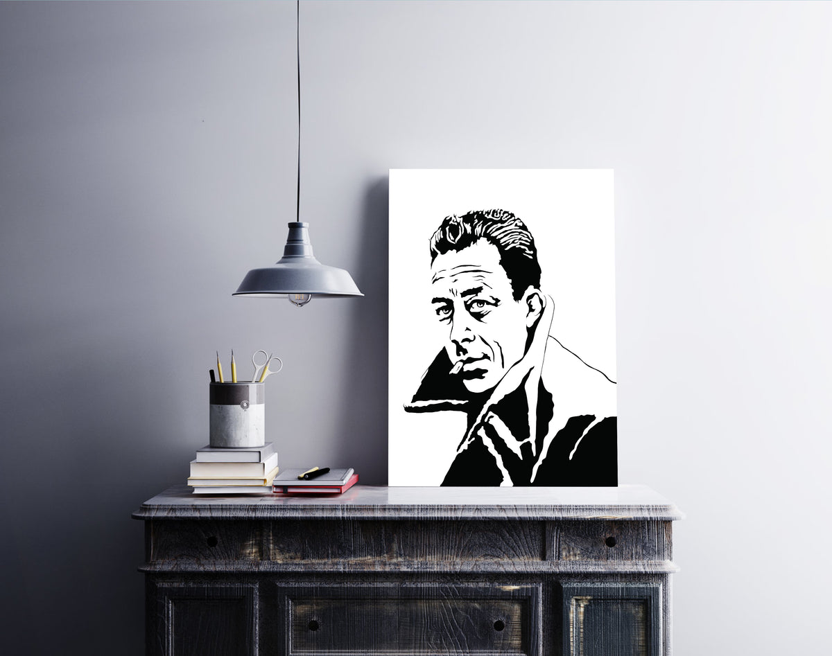 black and white digital illustration of albert camus philosopher and author with trench coat collar raised smoking a cigarette art print