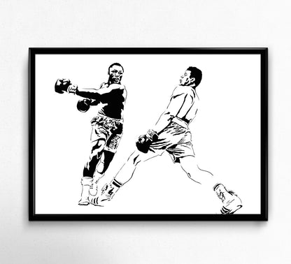 digital minimalistic line art of muhammad ali dodging a punch from joe frazier from their rumble in the jungle boxing match, black and white framed art