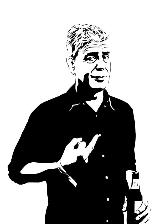black and white digital illustration of anthony bourdain drinking a beer and flipping his middle finger