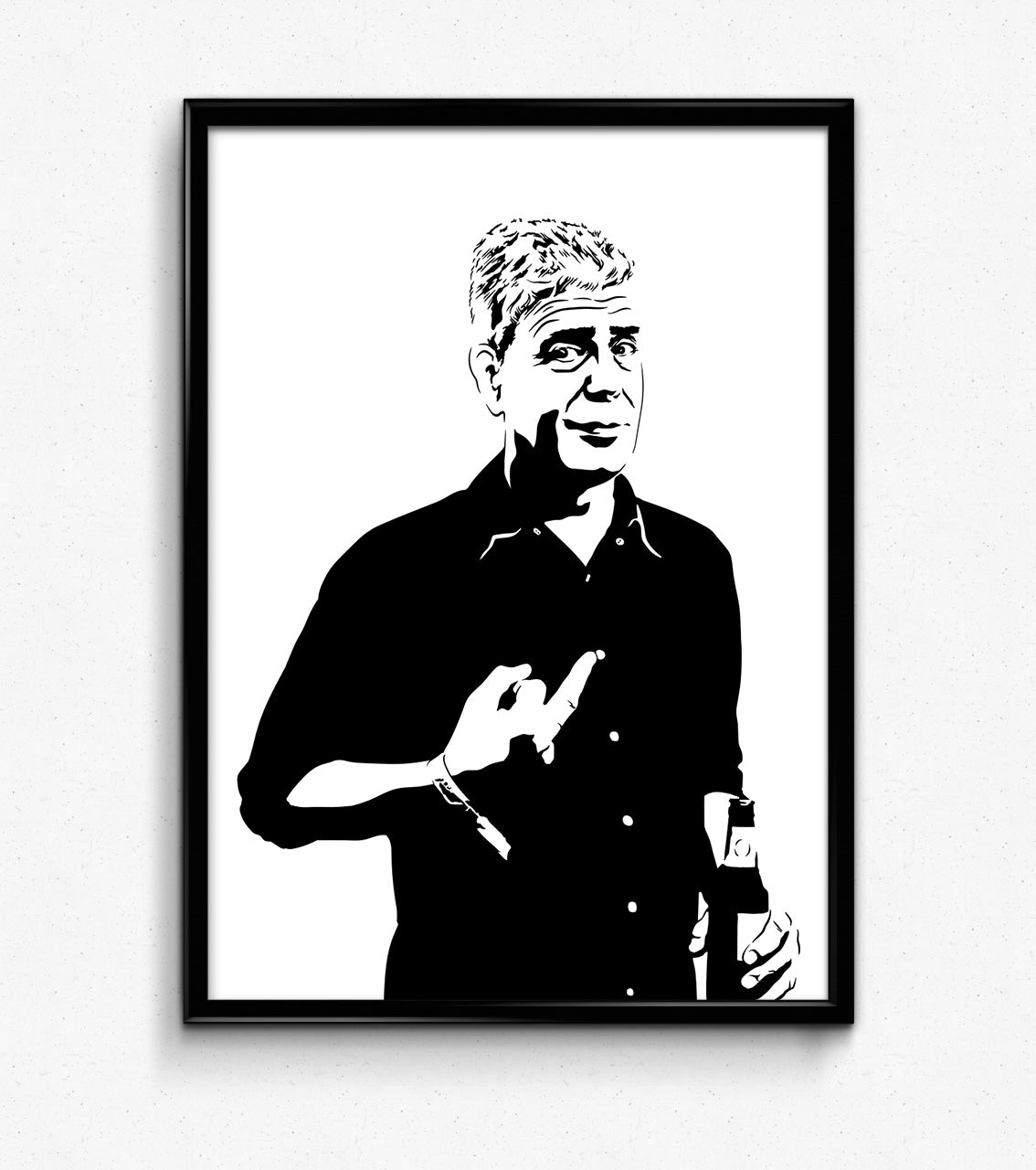 black and white digital illustration of anthony bourdain drinking a beer and flipping his middle finger framed poster