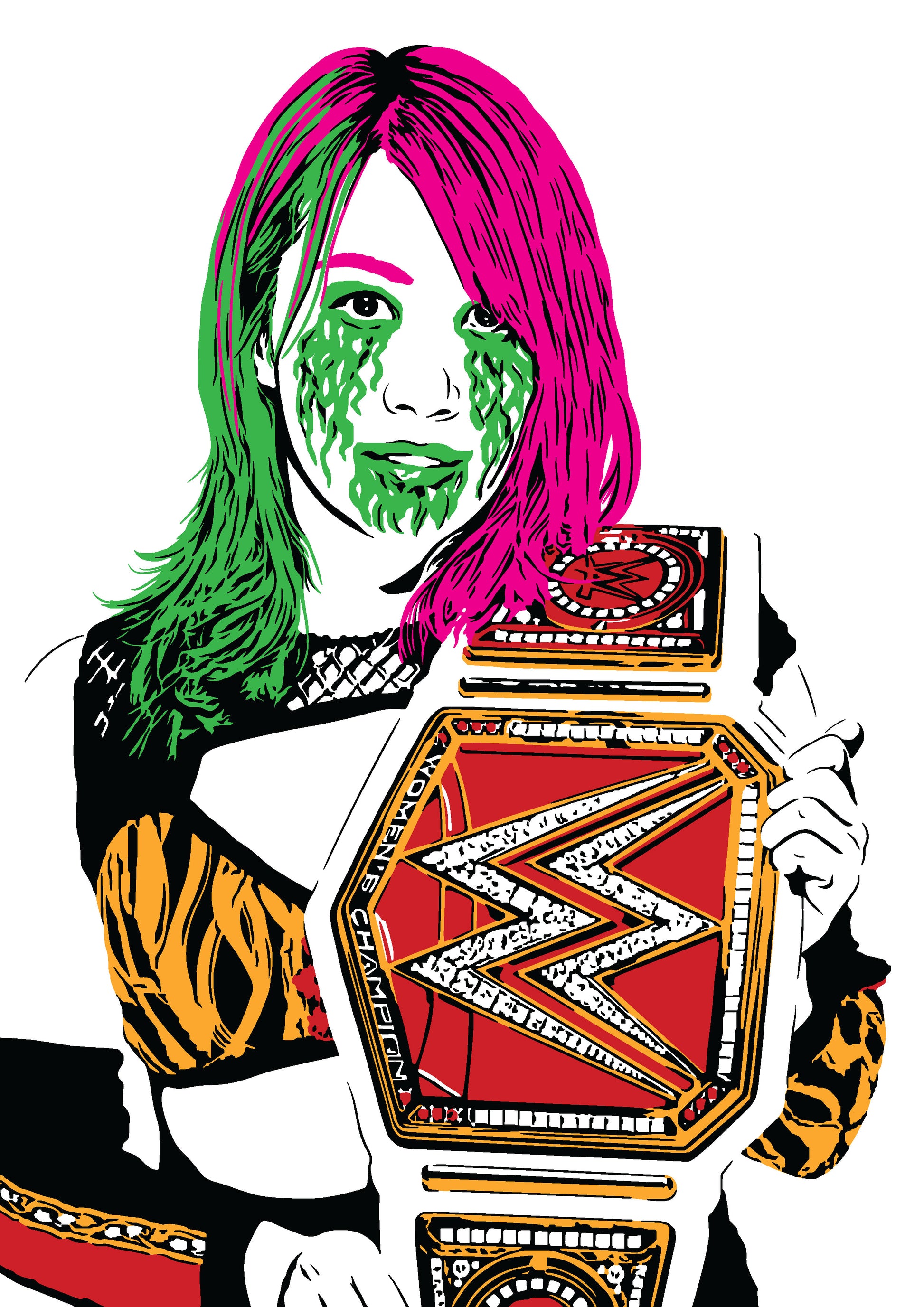 illustration of pro wrestler Asuka with pink and green hair and facepaint holding the WWE womens world championship belt