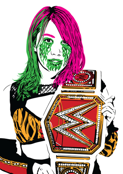 illustration of pro wrestler Asuka with pink and green hair and facepaint holding the WWE womens world championship belt