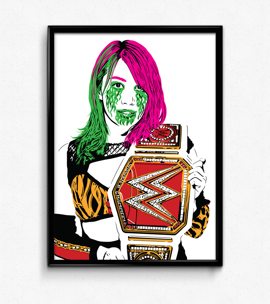 illustration of pro wrestler Asuka with pink and green hair and facepaint holding the WWE womens world championship belt framed art print