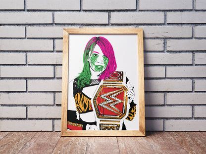 illustration of pro wrestler Asuka with pink and green hair and facepaint holding the WWE womens world championship belt framed art print on the floor