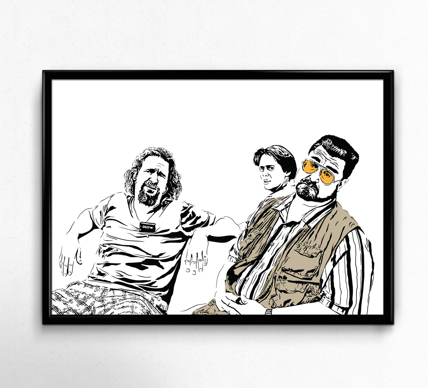 black and white digital illustration of the dude, walter and donny from the big lebowski looking confused at the bowling alley with walter's vest and glasses colored in framed print
