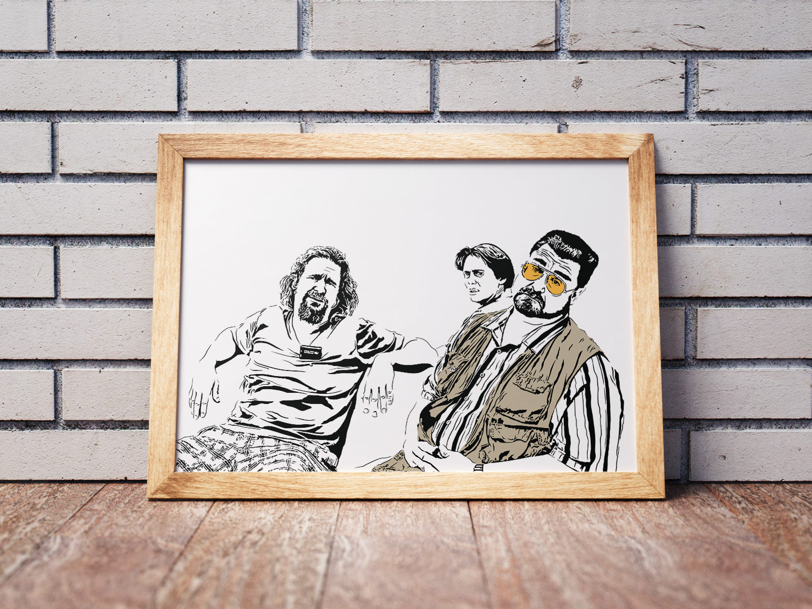 black and white digital illustration of the dude, walter and donny from the big lebowski looking confused at the bowling alley with walter's vest and glasses colored in framed poster