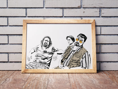 black and white digital illustration of the dude, walter and donny from the big lebowski looking confused at the bowling alley with walter's vest and glasses colored in framed poster
