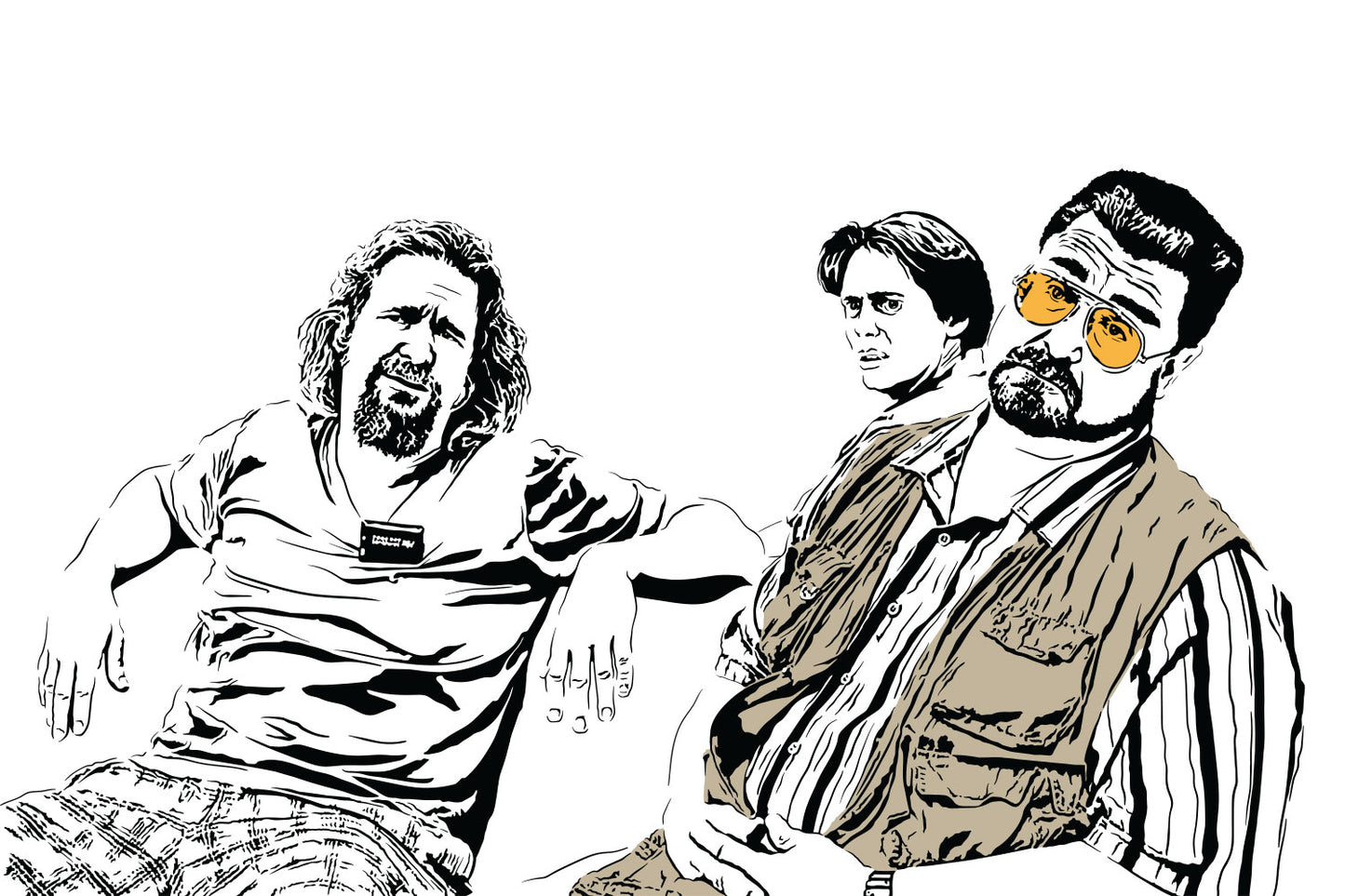 black and white digital illustration of the dude, walter and donny from the big lebowski looking confused at the bowling alley with walter's vest and glasses colored in