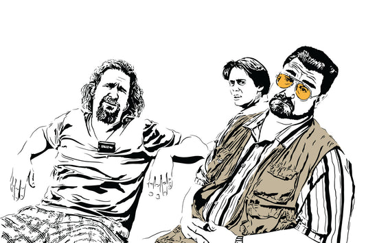 black and white digital illustration of the dude, walter and donny from the big lebowski looking confused at the bowling alley with walter's vest and glasses colored in