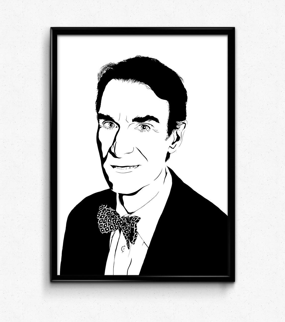 digital black and white illustration of bill nye the science guy wearing a bowtie and suit smiling at viewer, portrait profile framed art print