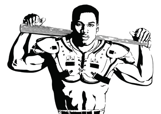 black and white digital illustration of bo jackson in football pads holding a baseball bat as a two-sport athlete