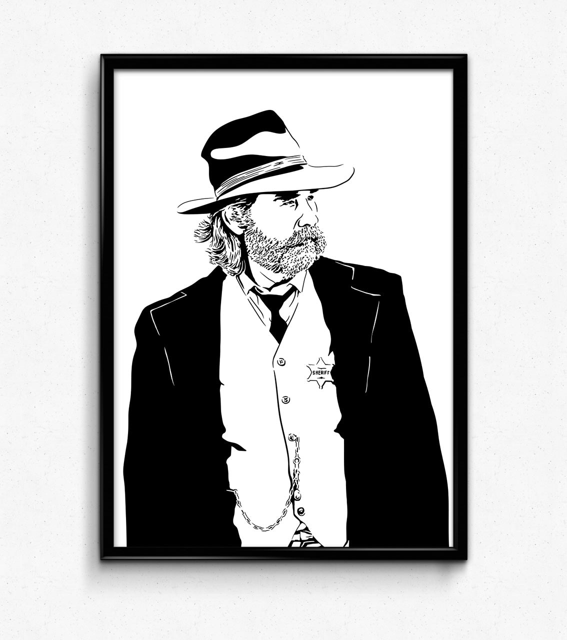 minimalist black and white digital illustration of sheriff franklin hunt from the film bone tomahawk portrayed by kurt russell, he is looking to the right side of the image wearing a trench coat over his coat jacket and sheriff star with a cowboy hat, he has a large bushy beard and shoulder length hair, framed art print