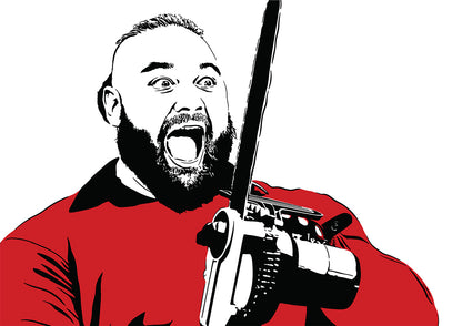 bray wyatt in red shirt holding a large weapon on a white background digital illustration poster print