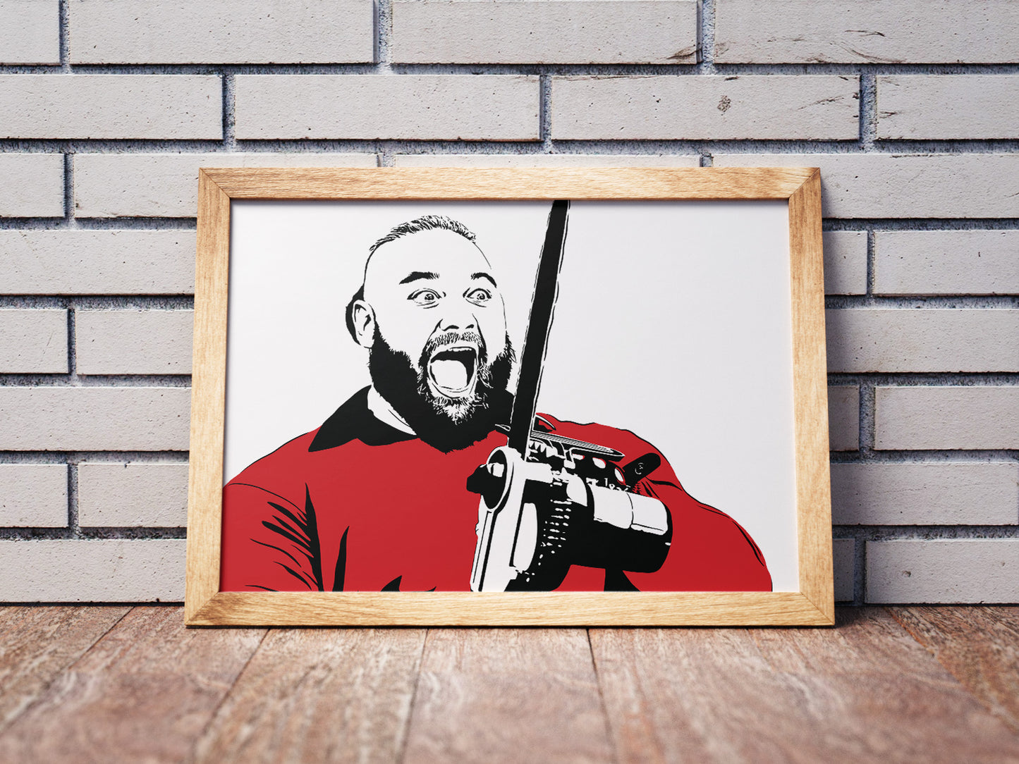 bray wyatt in red shirt holding a large weapon on a white background digital illustration framed poster print