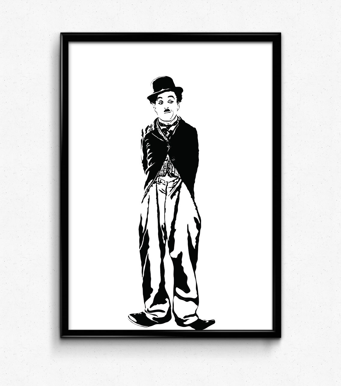 minimalist black and white digital illustrations of vaudeville actor charlie chaplin dressed as the tramp with a bowler hat, mustache, and baggy clothing from his old hollywood film, framed art print