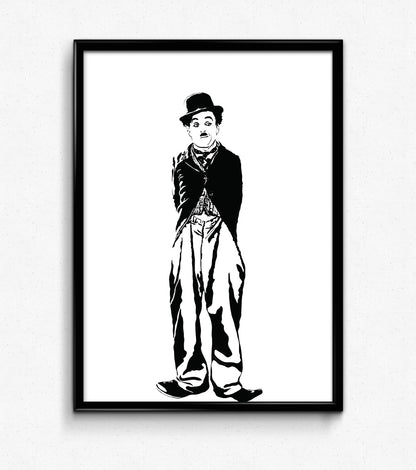 minimalist black and white digital illustrations of vaudeville actor charlie chaplin dressed as the tramp with a bowler hat, mustache, and baggy clothing from his old hollywood film, framed art print