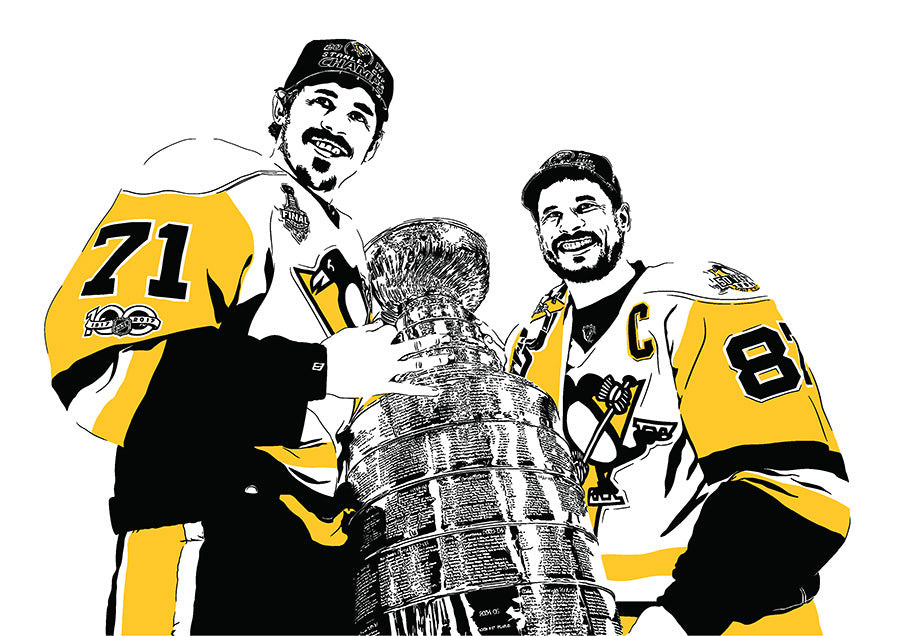 evgeni malkin and sidney crosby poster art print with pair holding the stanley cup during 2017 championship win with white background