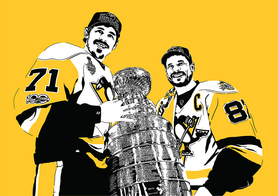 evgeni malkin and sidney crosby poster art print with pair holding the stanley cup during 2017 championship win with gold background
