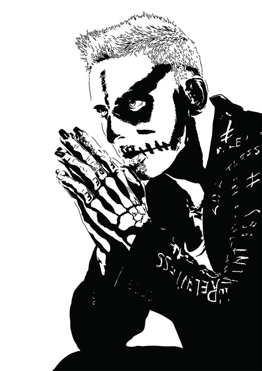 Pop art illustration of wrestler Darby Allin in the ring with signature face paint - minimalist black and white print