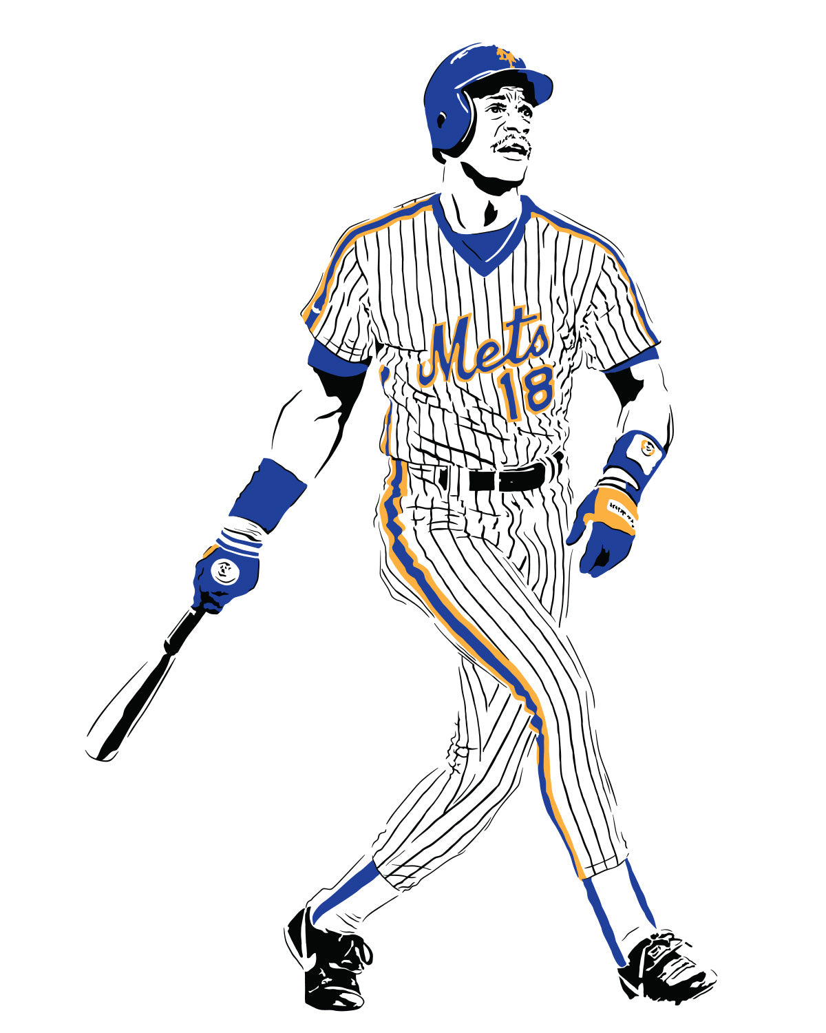 minimalist digital illustration of new york mets slugger darryl strawberry in post-swing pose looking into the distance, wearing new york mets pinstripe uniform