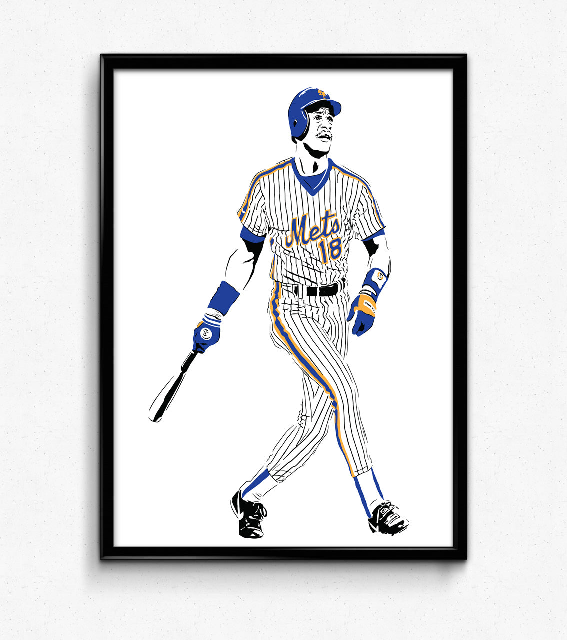 minimalist digital illustration of new york mets slugger darryl strawberry in post-swing pose looking into the distance, wearing new york mets pinstripe uniform, framed art print