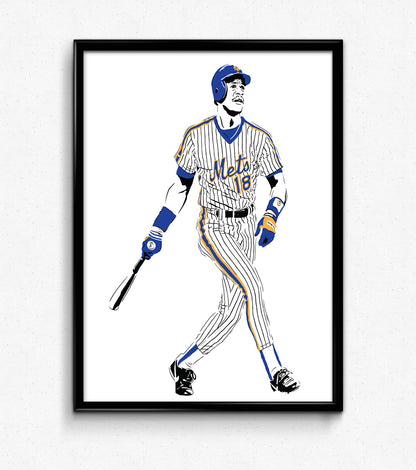 minimalist digital illustration of new york mets slugger darryl strawberry in post-swing pose looking into the distance, wearing new york mets pinstripe uniform, framed art print