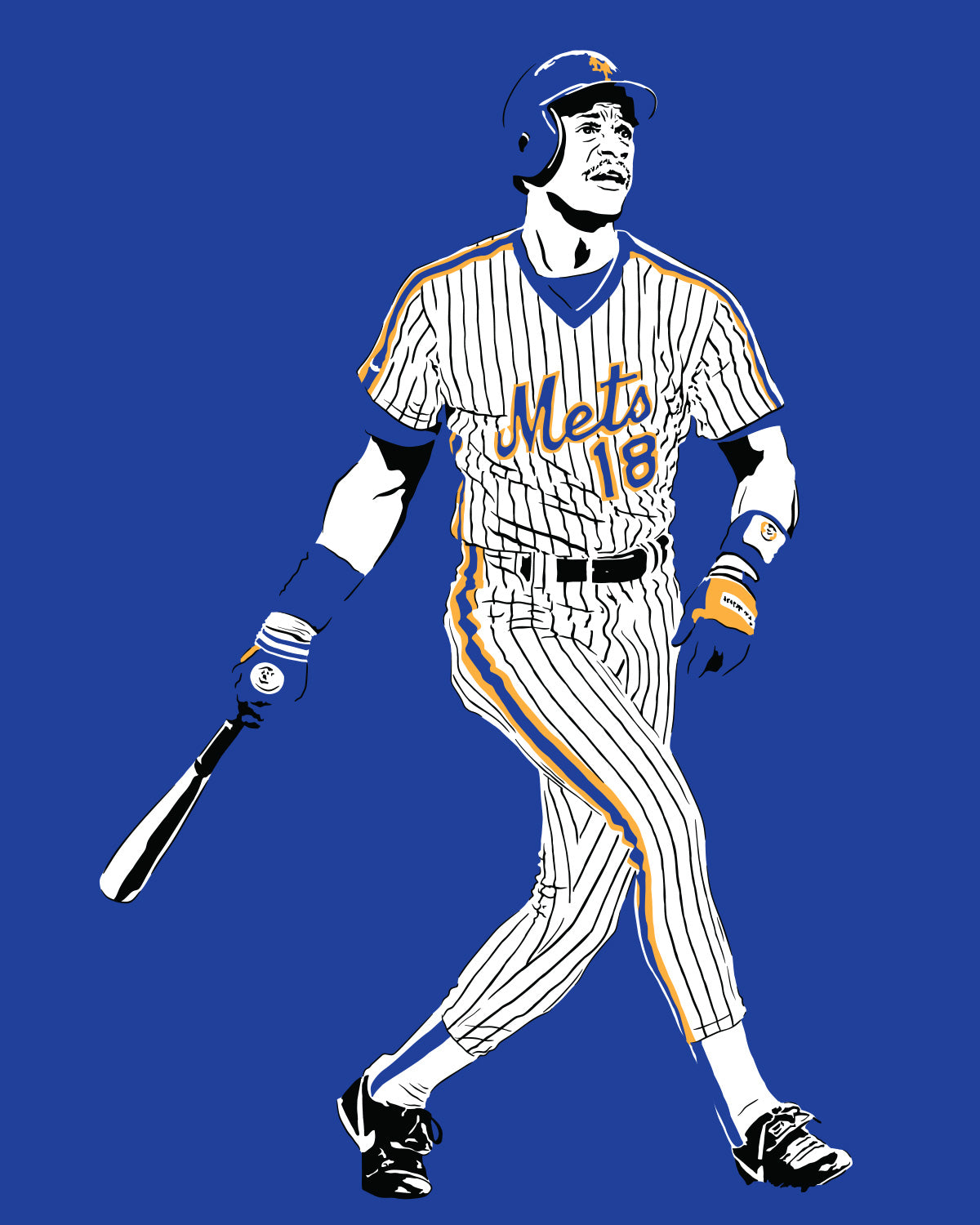 minimalist digital illustration of new york mets slugger darryl strawberry in post-swing pose looking into the distance, wearing new york mets pinstripe uniform, blue background