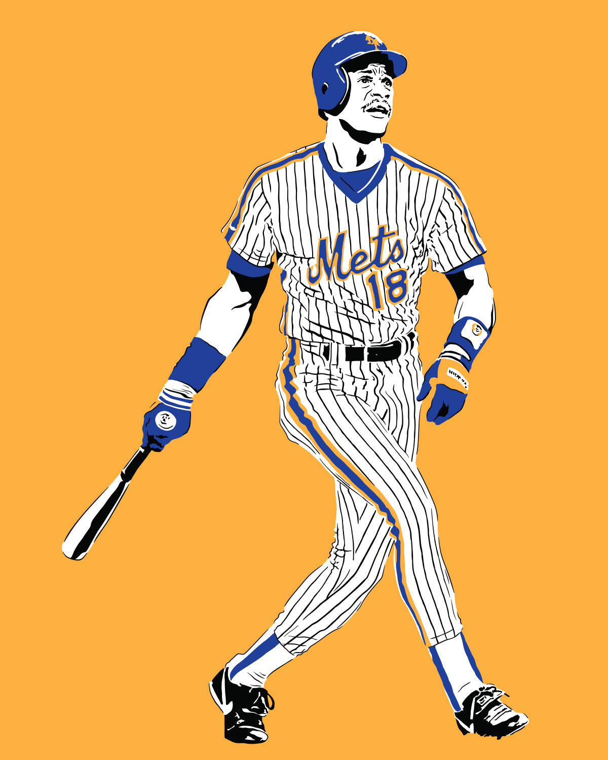 minimalist digital illustration of new york mets slugger darryl strawberry in post-swing pose looking into the distance, wearing new york mets pinstripe uniform, orange background
