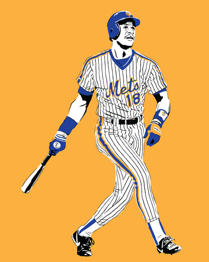 minimalist digital illustration of new york mets slugger darryl strawberry in post-swing pose looking into the distance, wearing new york mets pinstripe uniform, orange background